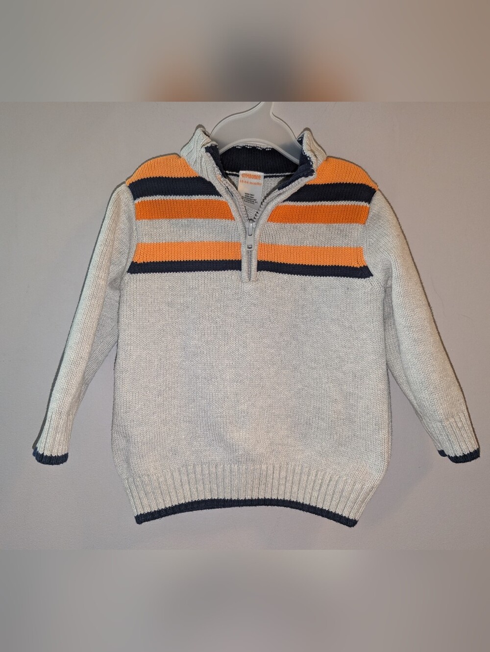 🎃 Gymboree Halloween Shop Gray Quarter-Zip Sweater Orange & Navy Stripes 18-24